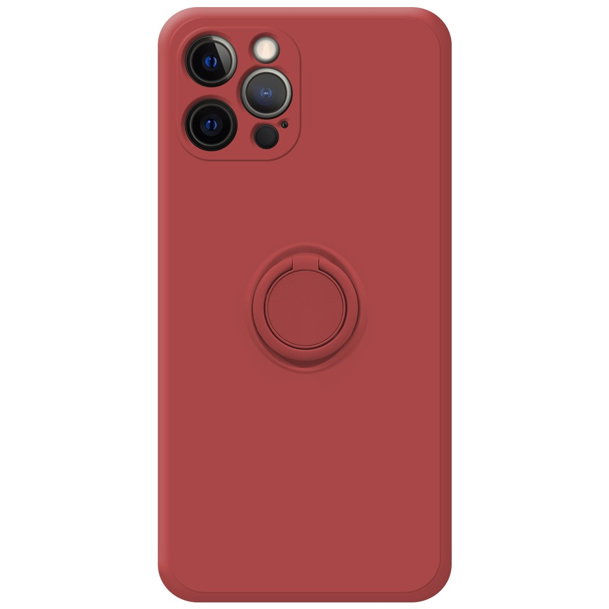 Funda roja para teléfono con soporte de anillo y múltiples lentes de cámara. El fondo es liso.
