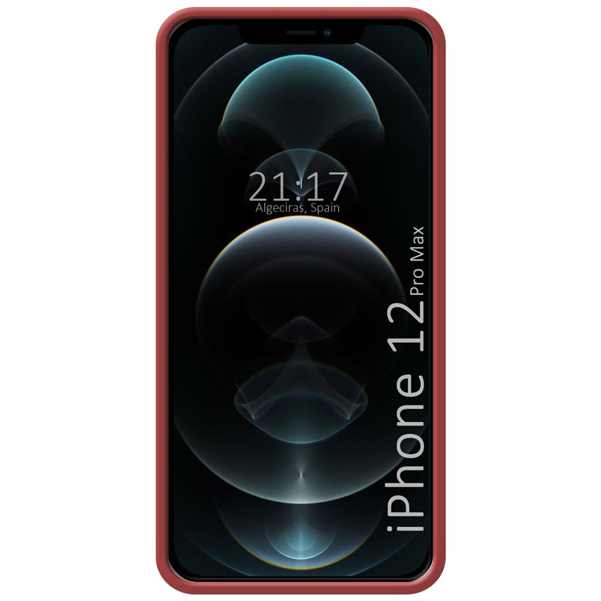 Teléfono iPhone 12 Pro Max con funda roja. La pantalla muestra hora, ubicación y fondo abstracto.