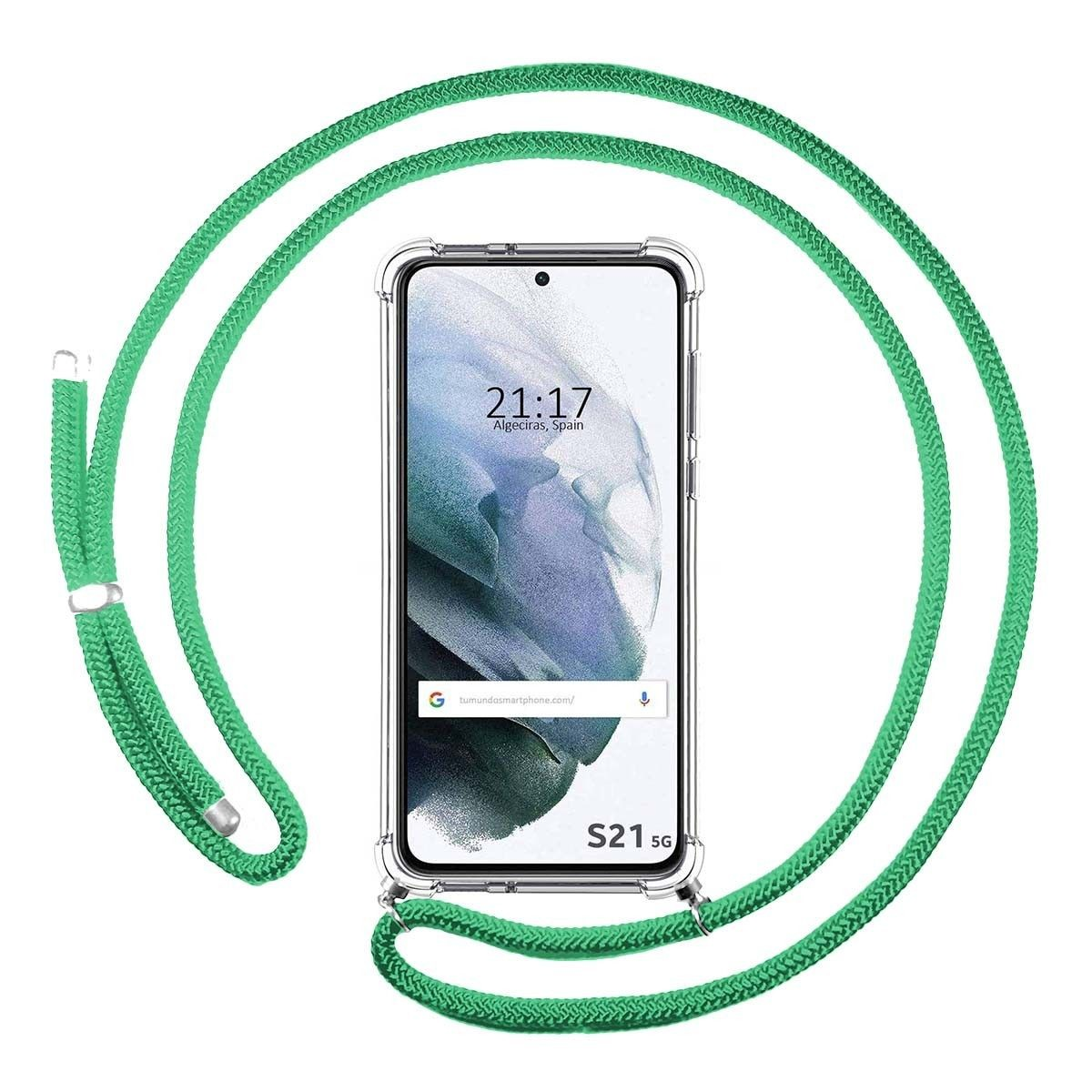 Telefono con una corda verde intorno. Lo schermo mostra l'ora e la posizione.