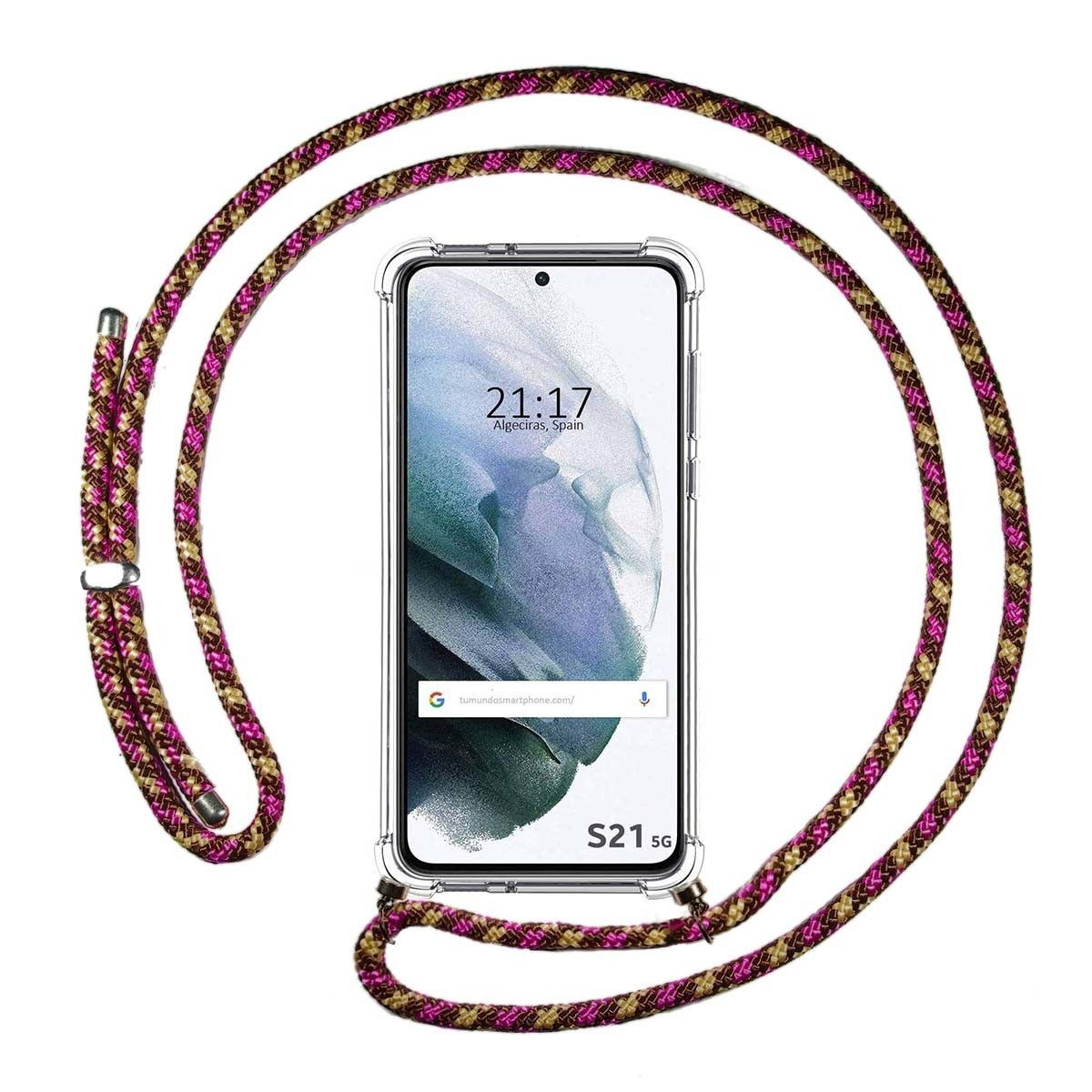 Telefono con custodia con cordino. Lo schermo mostra ora e luogo.