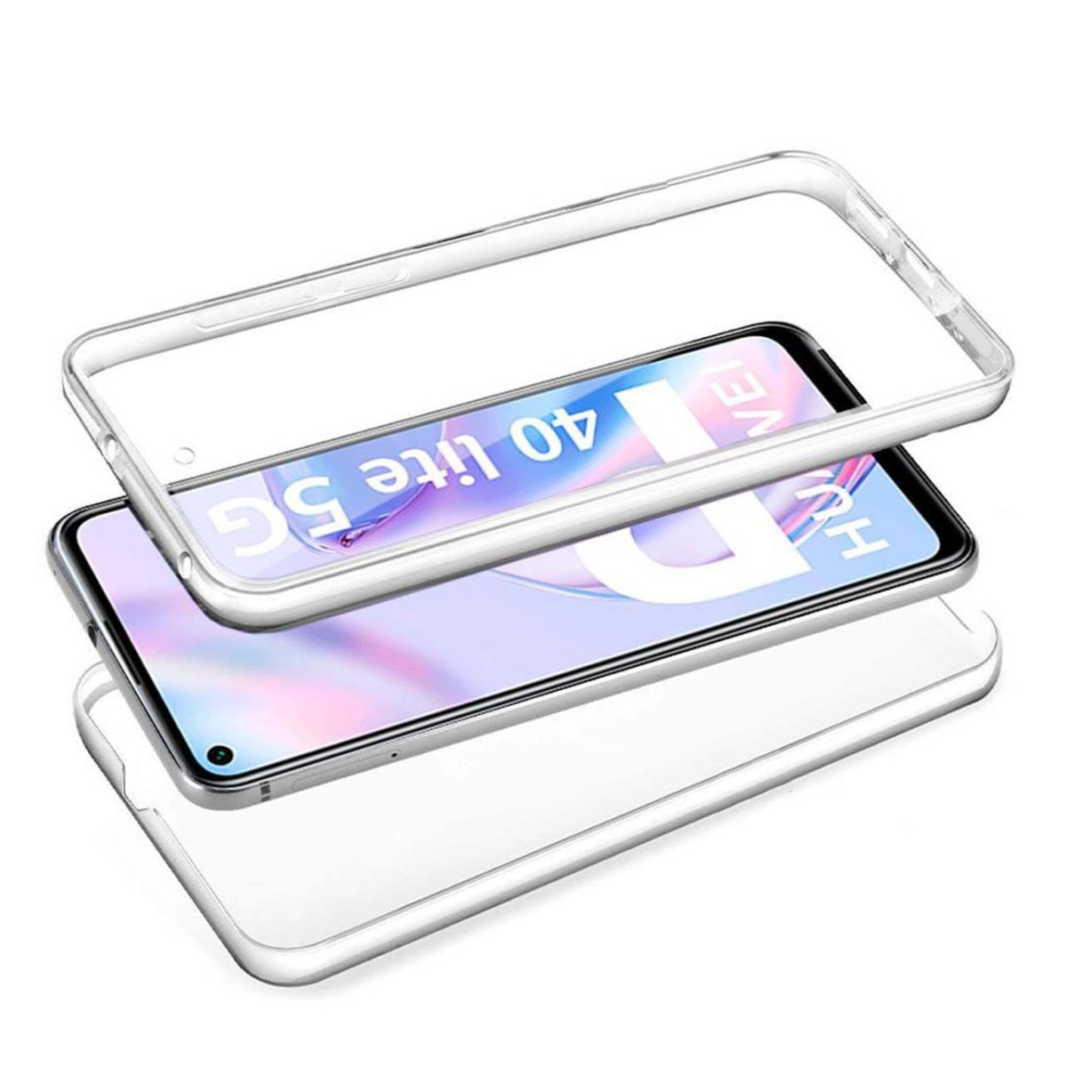 Funda protectora transparente para teléfono. El teléfono es visible dentro de la funda transparente.