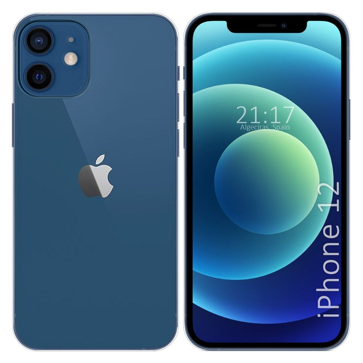 iPhone 12 blu. Un lato mostra il retro del telefono, l'altro lo schermo con un motivo blu.