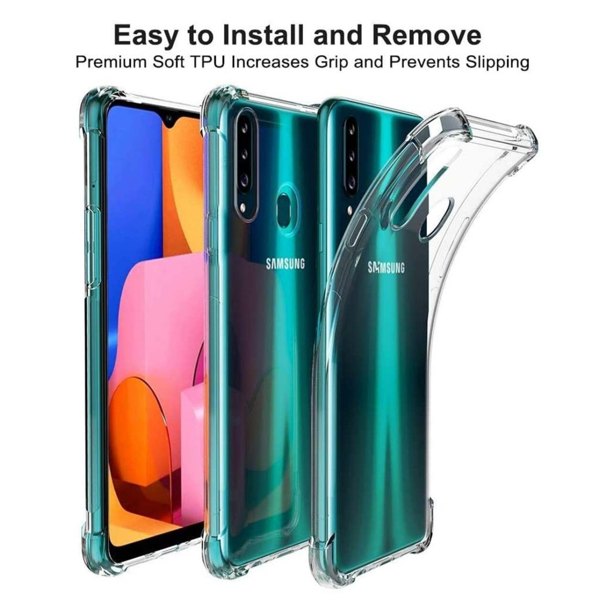 Immagine con tre custodie trasparenti per telefono con un telefono verde.