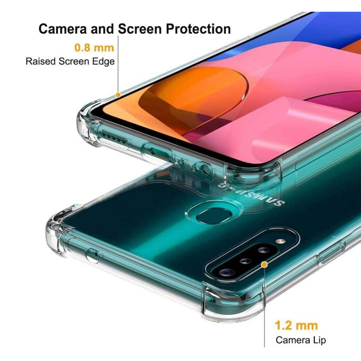 Primo piano della custodia del telefono. Mostra la protezione dello schermo e della fotocamera. Custodia trasparente, bordi rialzati sullo schermo.