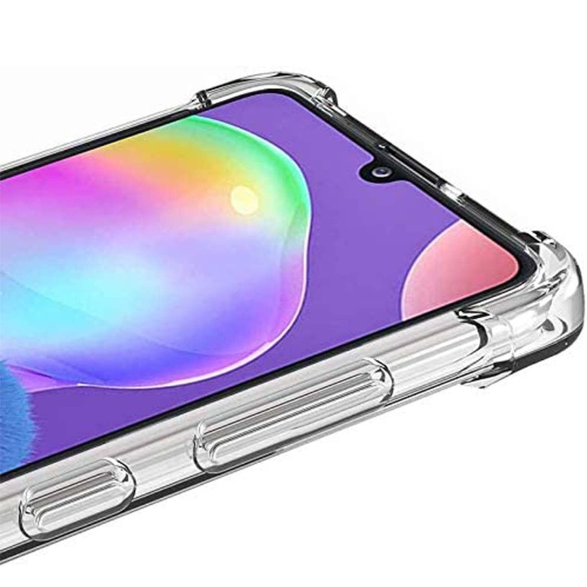 Primo piano di un telefono con una custodia trasparente. Lo schermo mostra colori.
