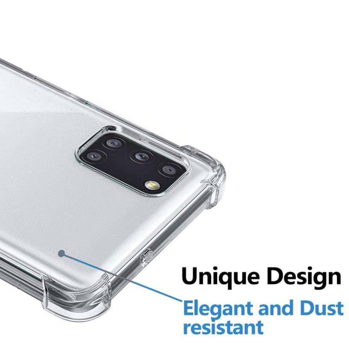 Custodia trasparente con un design unico e le parole: Elegante e resistente alla polvere.