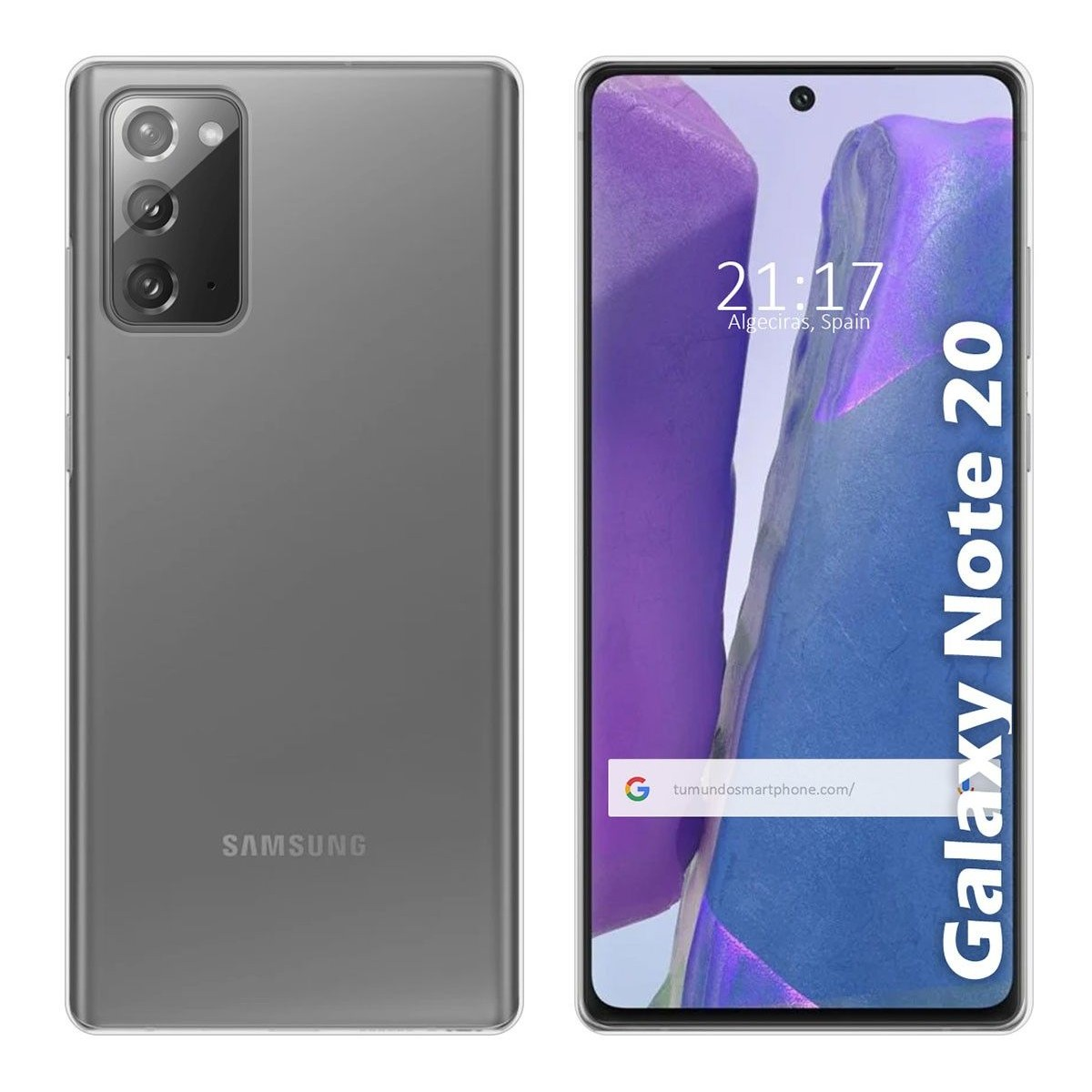 Due viste del telefono. Uno mostra il retro grigio, l'altro uno schermo con ora e testo.