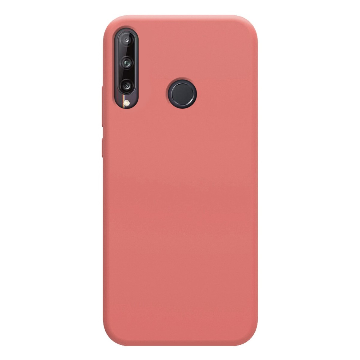 Funda de teléfono color salmón. La pantalla muestra un diseño blanco y rojo con texto.