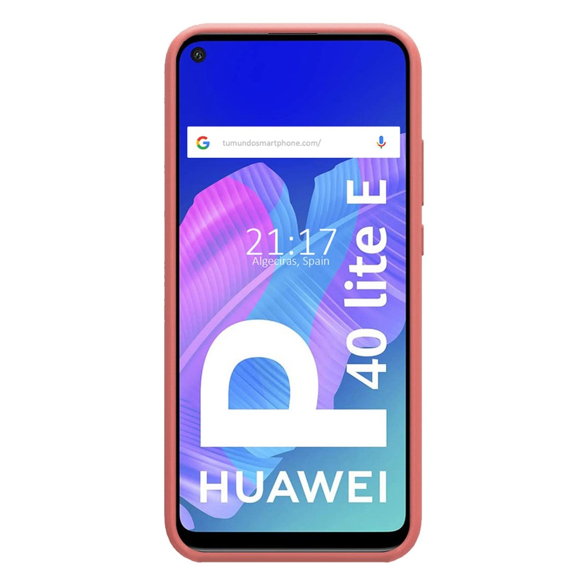 El teléfono muestra una funda rosa y el logotipo de Huawei con texto. La hora y Algeciras, España son visibles.