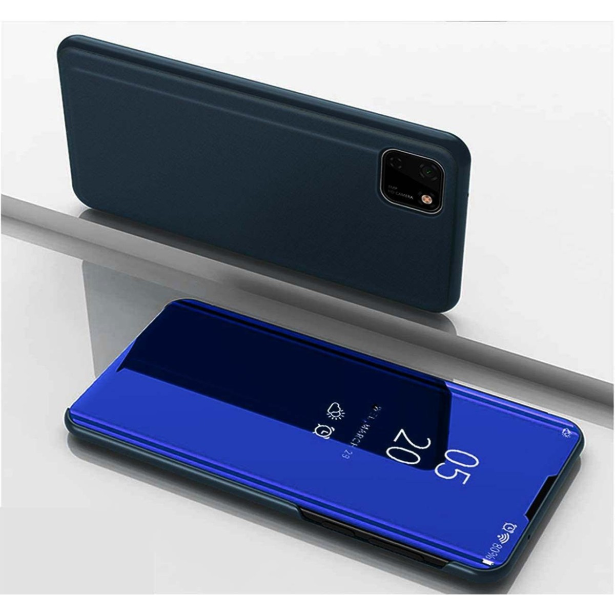 Una funda de teléfono con un teléfono cerrado y otra funda de teléfono azul.
