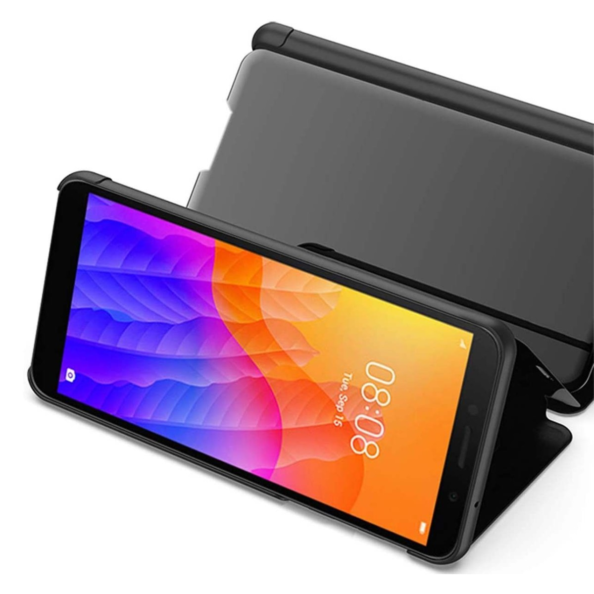 Teléfono en un soporte. La pantalla del teléfono es naranja y morada. El soporte es negro.