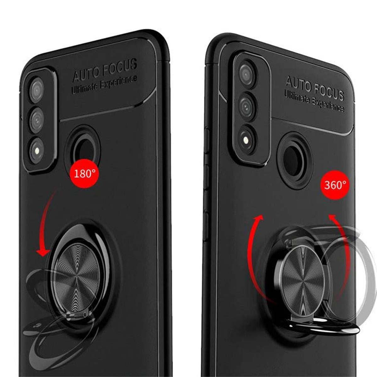 Dos fundas de teléfono negras con soportes de anillo, una a 180 grados, otra a 360 grados.
