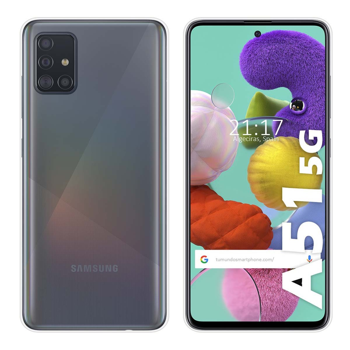 Telefono con retro sfumato e schermo che mostra l'ora, il logo Samsung e le parole 'A51 5G'.