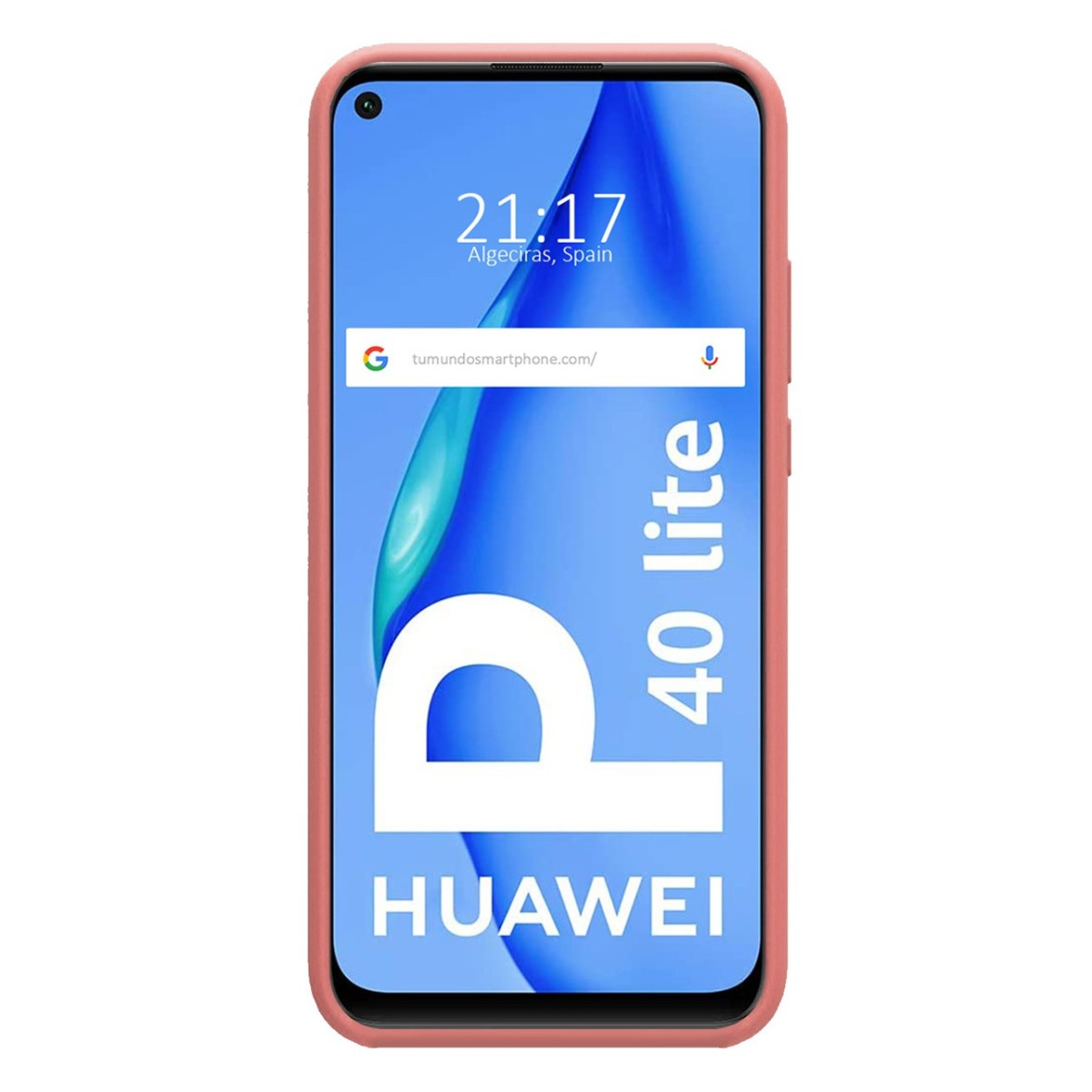 Teléfono que muestra el Huawei P40 lite con un marco rosa.