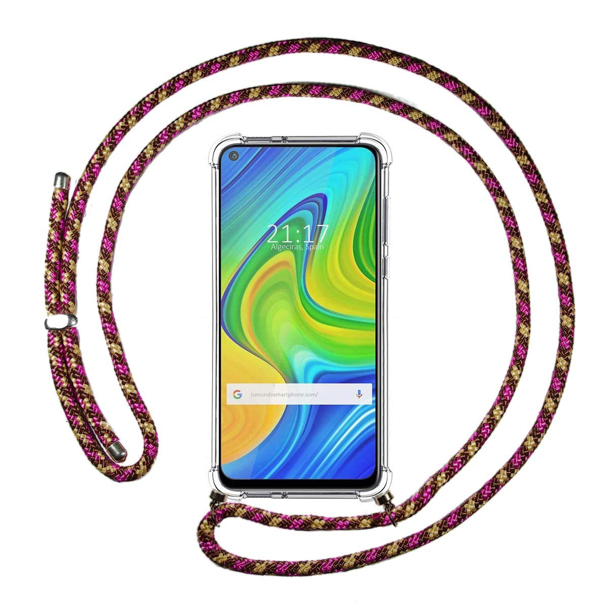 Telefono con una custodia trasparente e un cordino decorativo rosa e oro intorno.