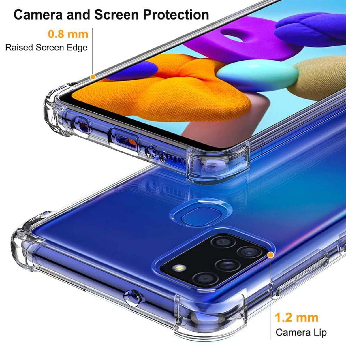 Primo piano di un telefono con una custodia trasparente. Il testo sullo schermo indica la protezione della fotocamera e dello schermo.