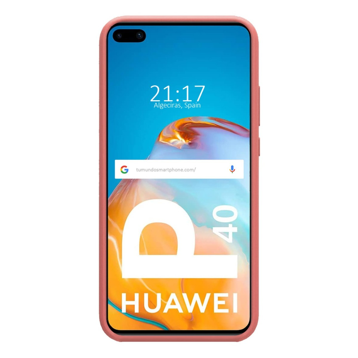 Funda rosa para teléfono con una pantalla que muestra hora, ubicación y la palabra HUAWEI.