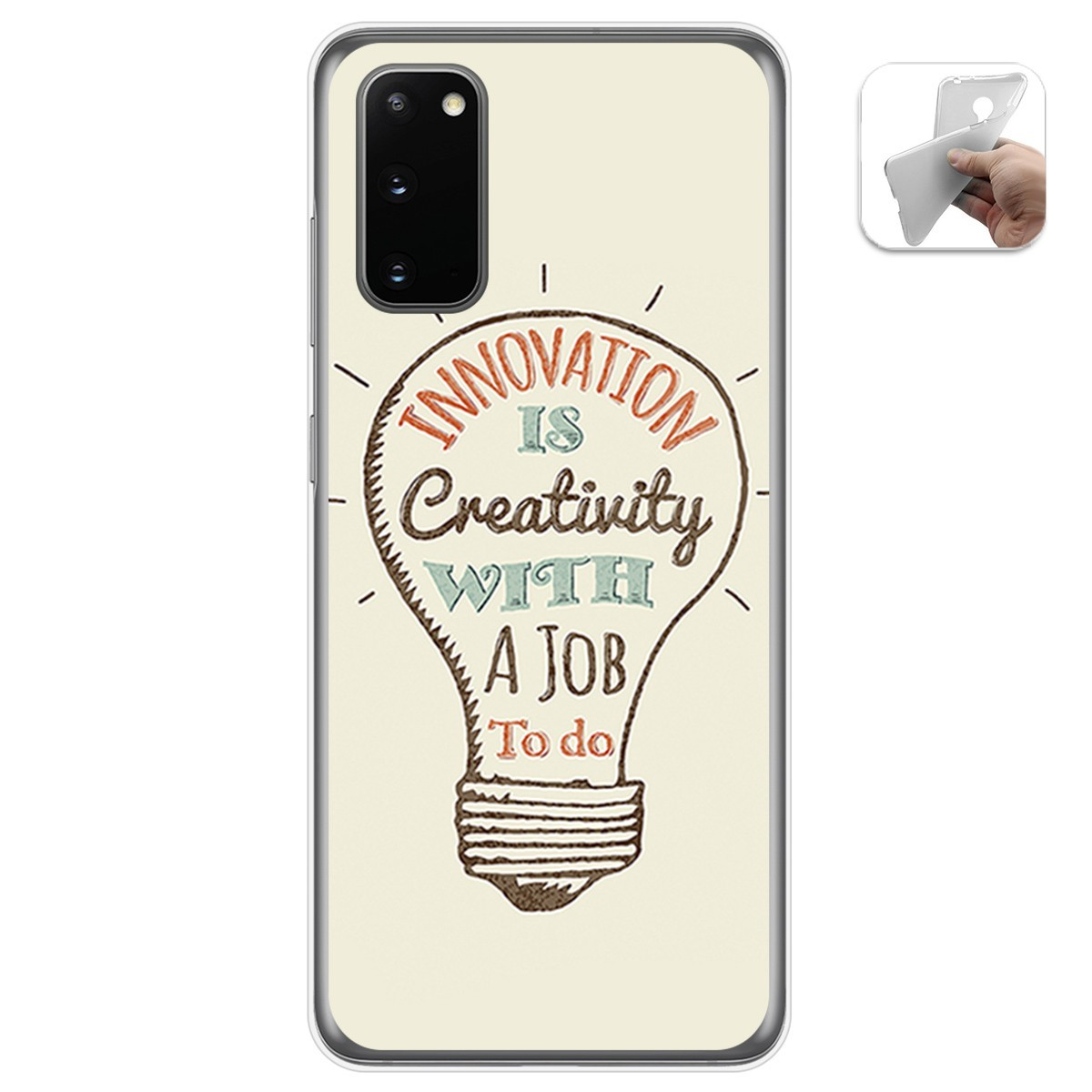 Funda de teléfono con diseño de bombilla con un mensaje: La innovación es creatividad.