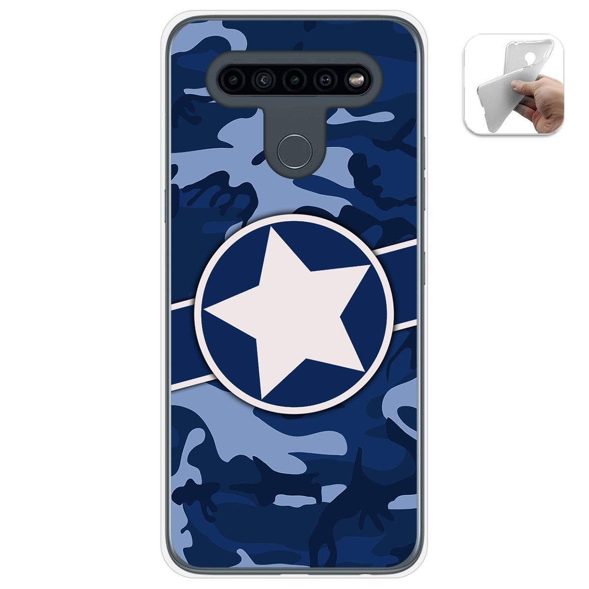 Funda de teléfono con camuflaje azul, estrella blanca en un círculo. Cámara y botones del teléfono visibles.