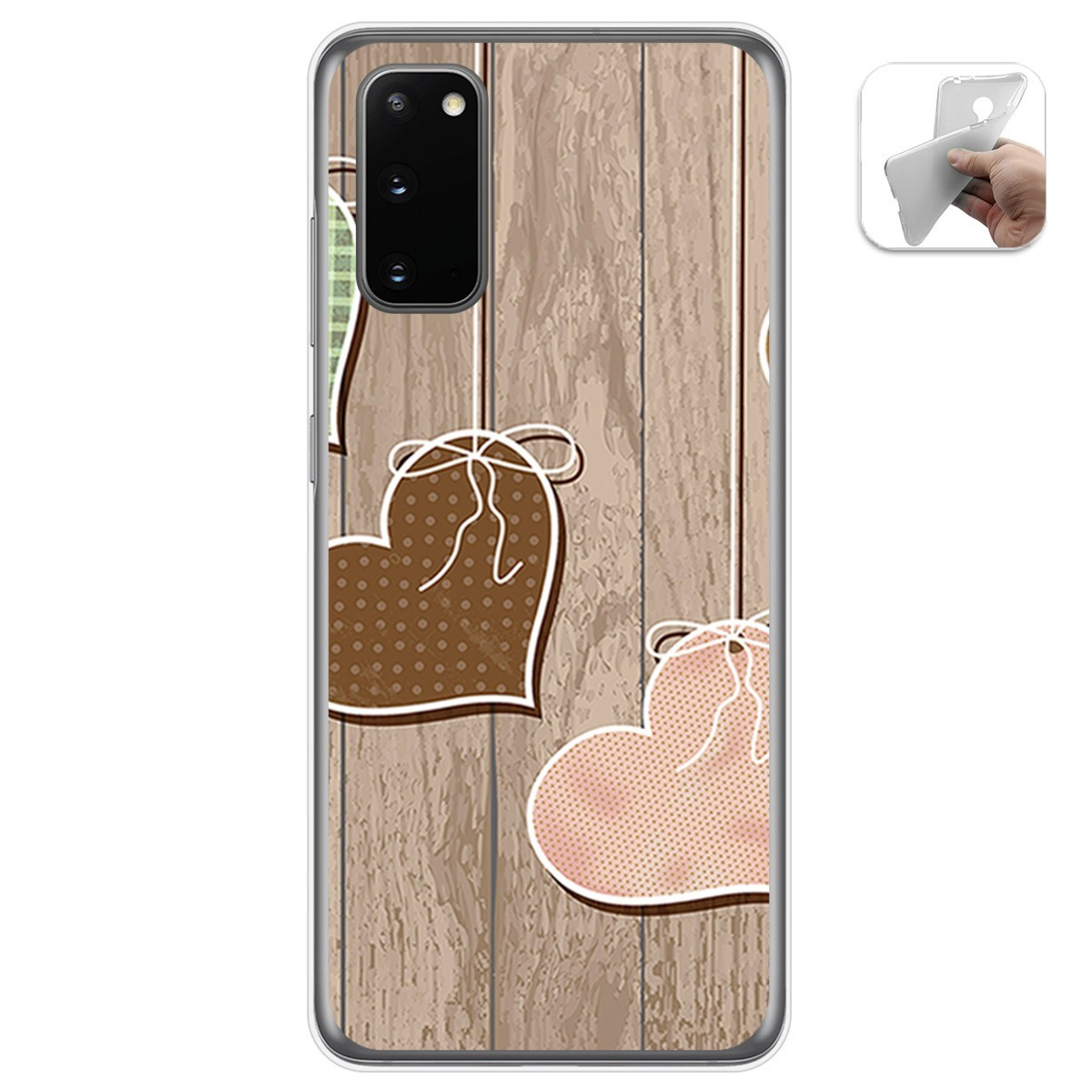 Funda de teléfono con corazones marrones sobre madera y un teléfono con fondo de madera.