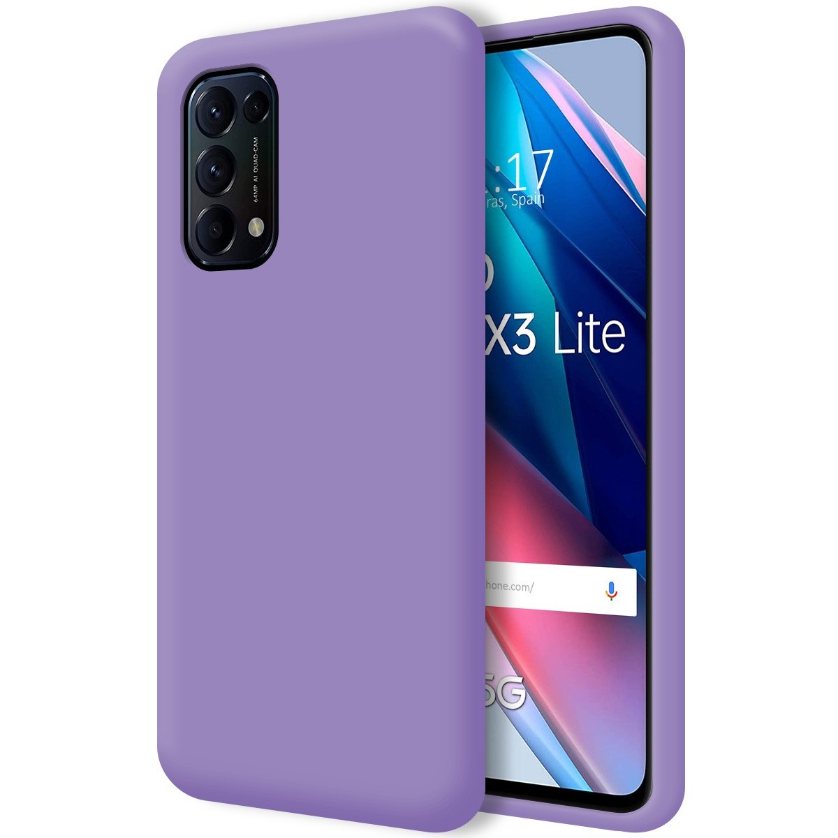 Funda de teléfono púrpura con un teléfono en el interior que muestra la hora y un fondo rosa y morado.