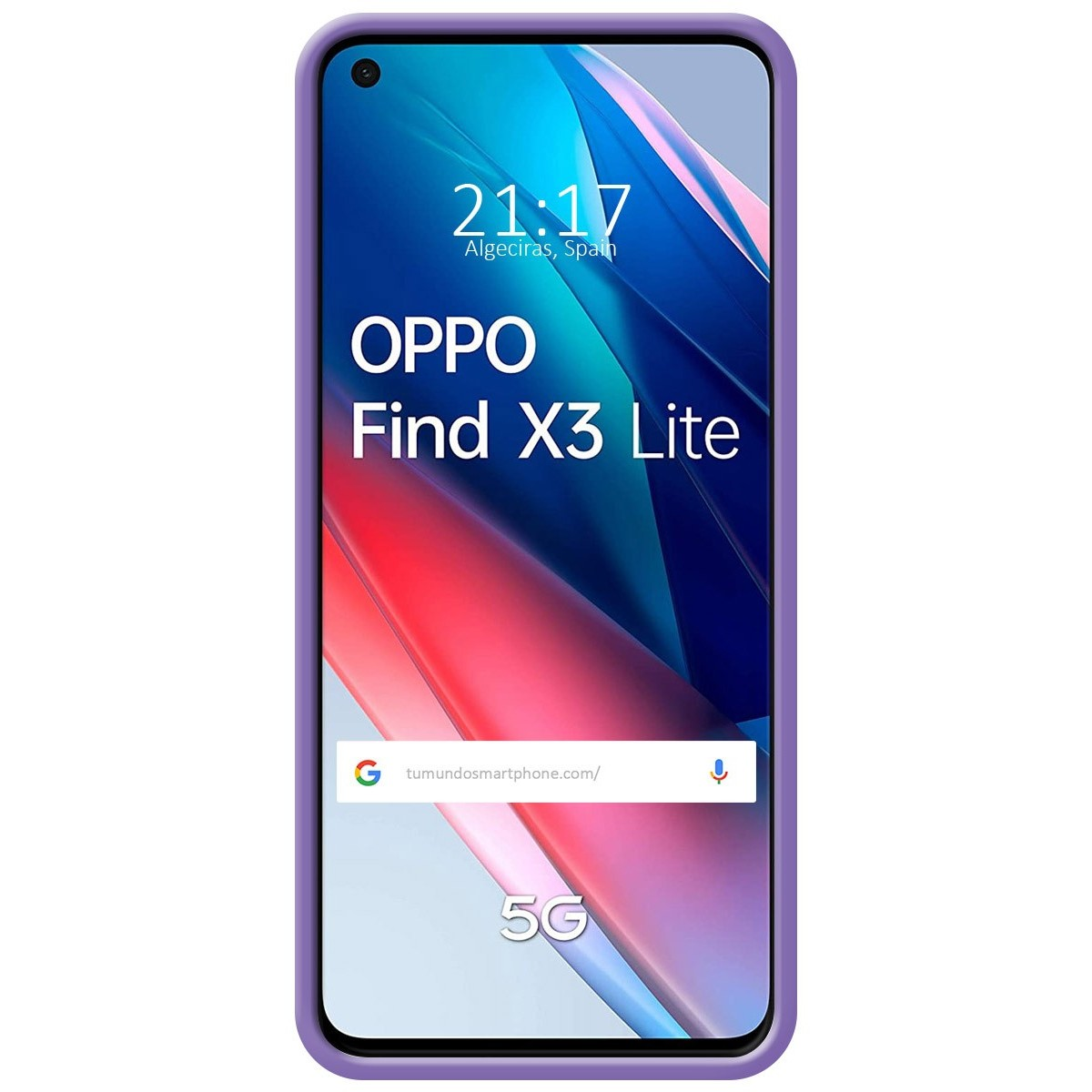 Funda de teléfono morada. Muestra la hora y el nombre de la ciudad.