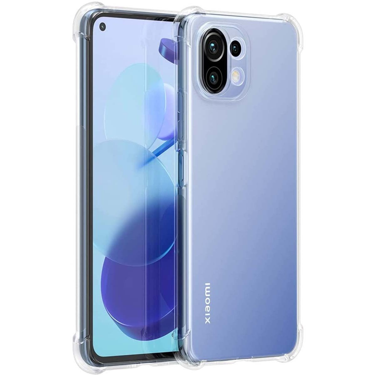 Una custodia trasparente per telefono su un telefono blu. Il telefono è su uno sfondo bianco.
