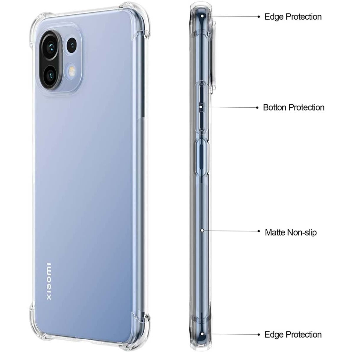 Custodia trasparente per telefono. Protezione bordi, pulsanti e opaca. Logo Xiaomi laterale.