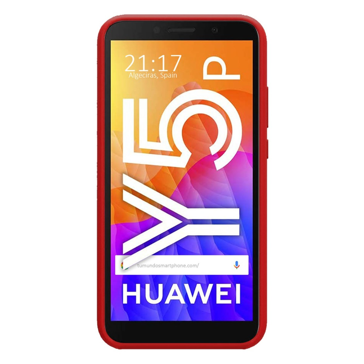 Un teléfono rojo con las palabras 'Y5' y 'HUAWEI' en la pantalla, con la hora mostrada.