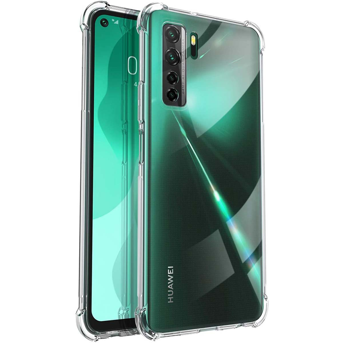 Teléfono Huawei verde en funda transparente. La parte trasera es verde oscuro con rayas de luz verticales.