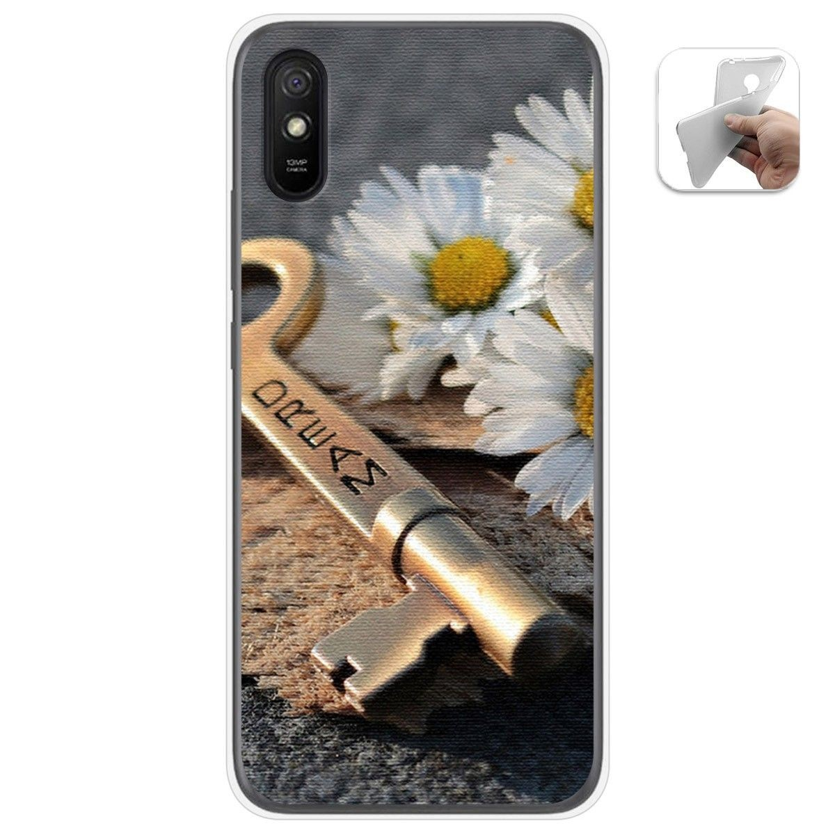 Funda de teléfono que muestra una llave dorada con la palabra DREAM y margaritas.