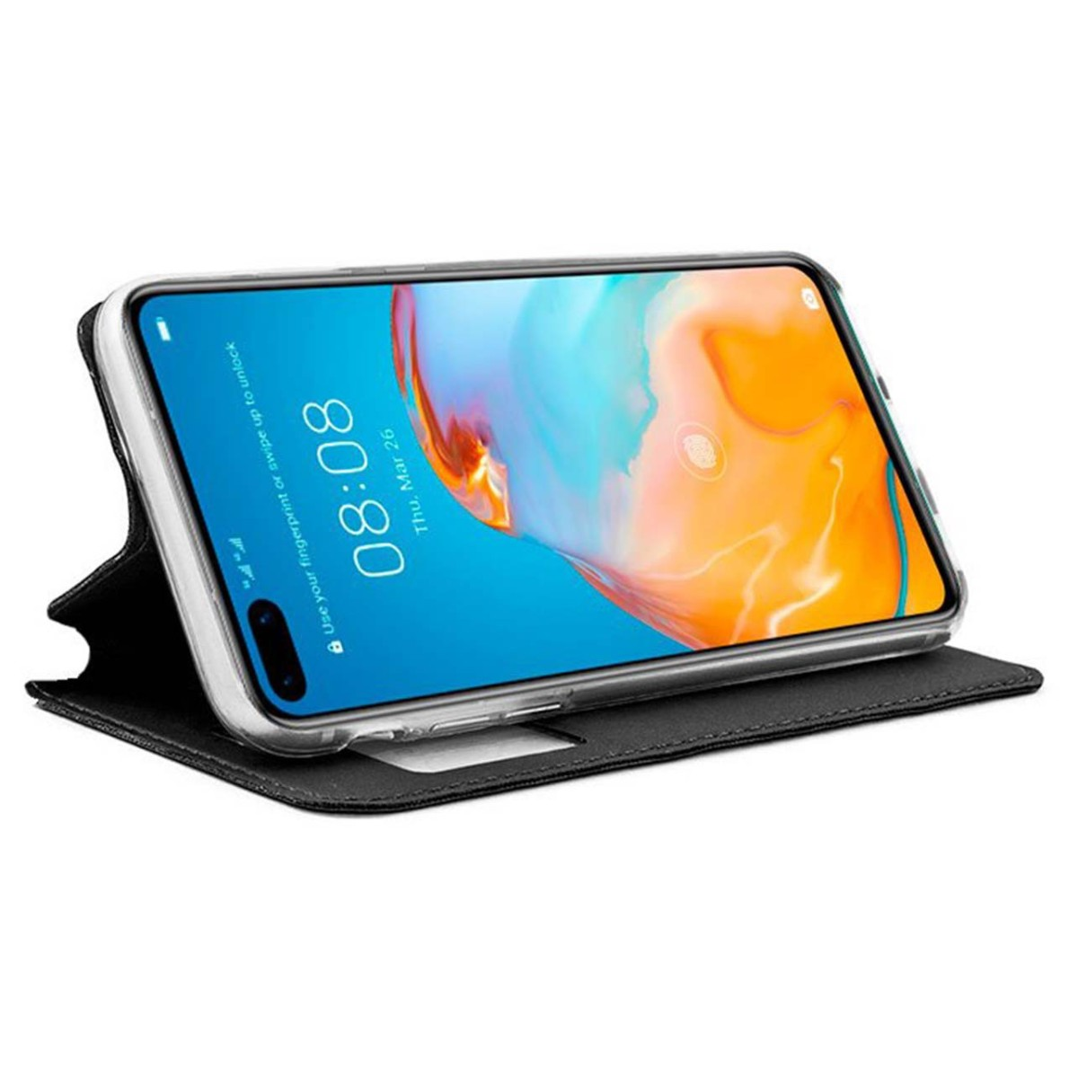 Funda de teléfono con una cubierta negra. El teléfono muestra la hora en la pantalla.