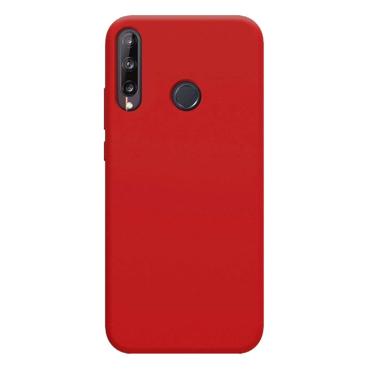 Funda de teléfono roja lisa. La funda tiene cámara y flash en la parte trasera.