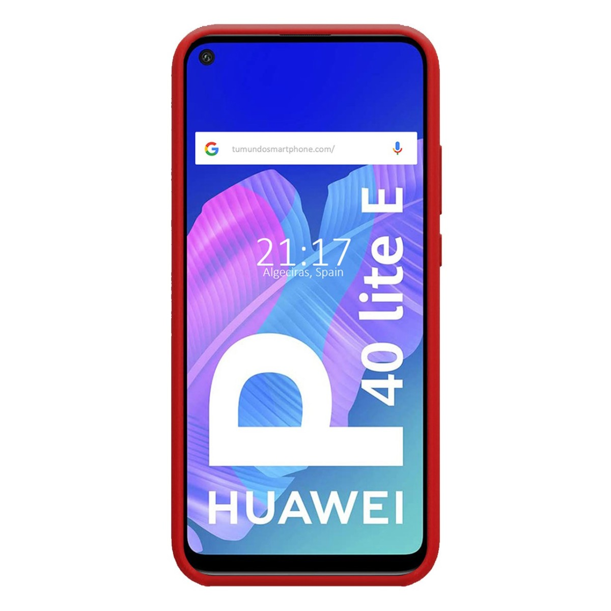 Una funda de teléfono roja con una pantalla que muestra la hora y el sitio web.