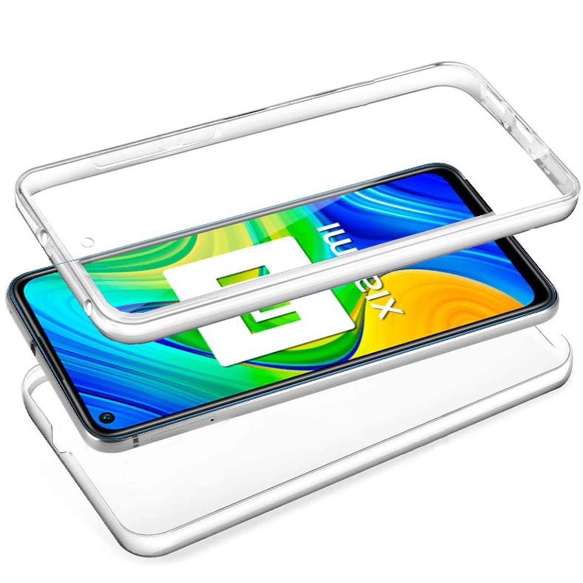 Una custodia trasparente per telefono, con un telefono all'interno. Il telefono ha uno sfondo blu.