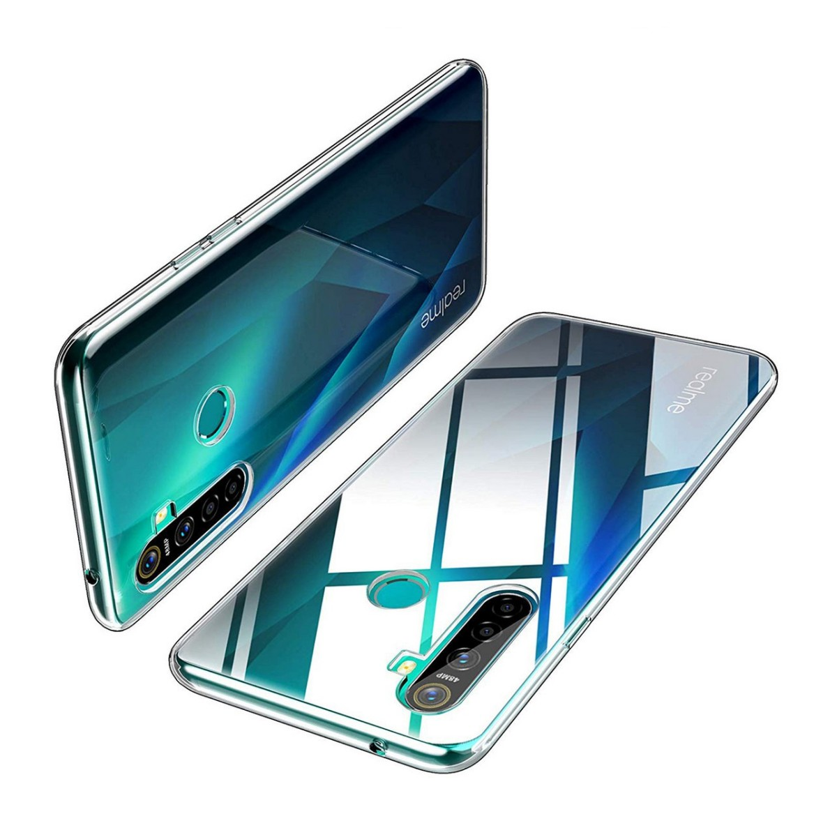 Dos fundas transparentes para teléfono, una encima de la otra. Las fundas son transparentes y brillantes.
