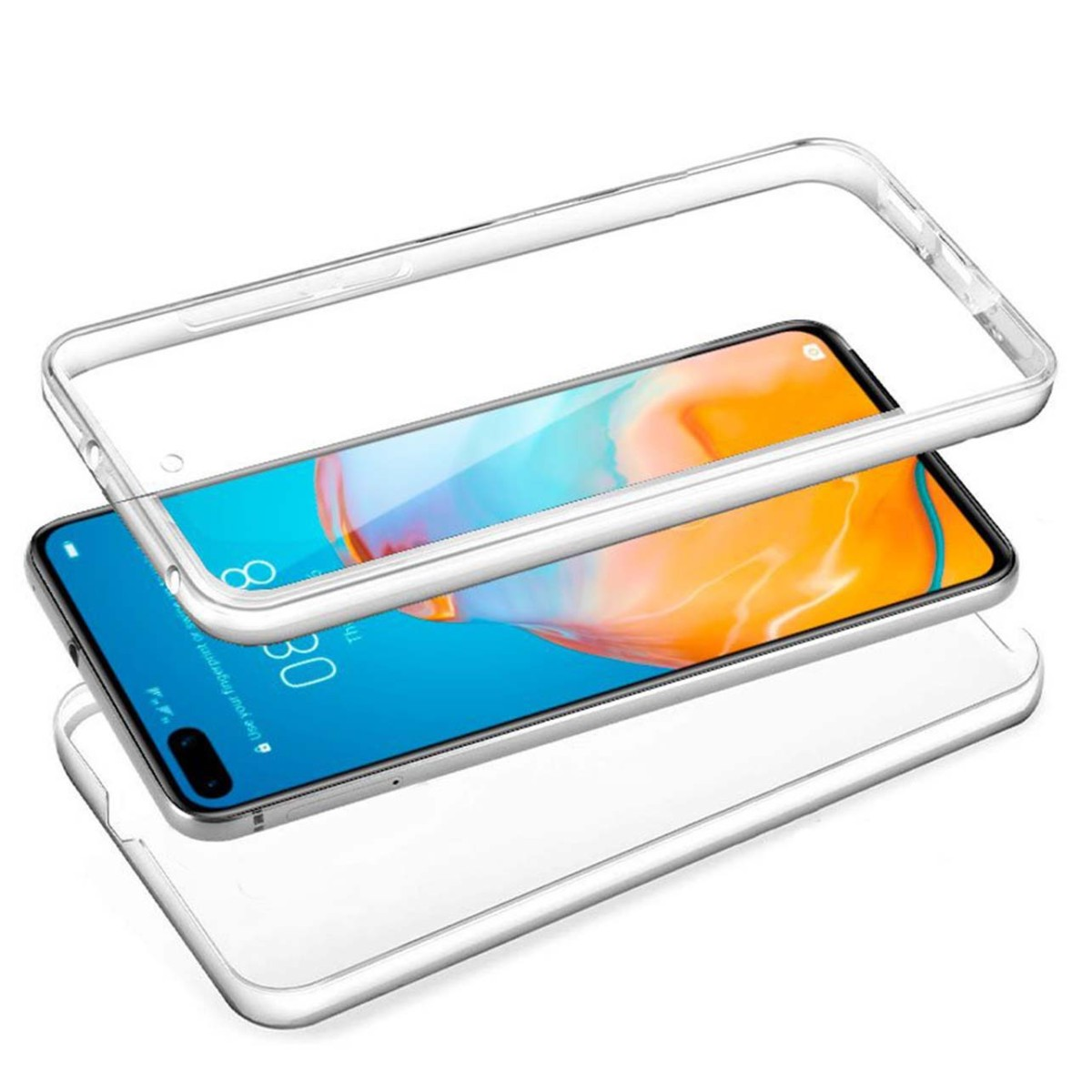 Funda de teléfono transparente y teléfono. Pantalla del teléfono mostrando tonos naranja y un reloj.