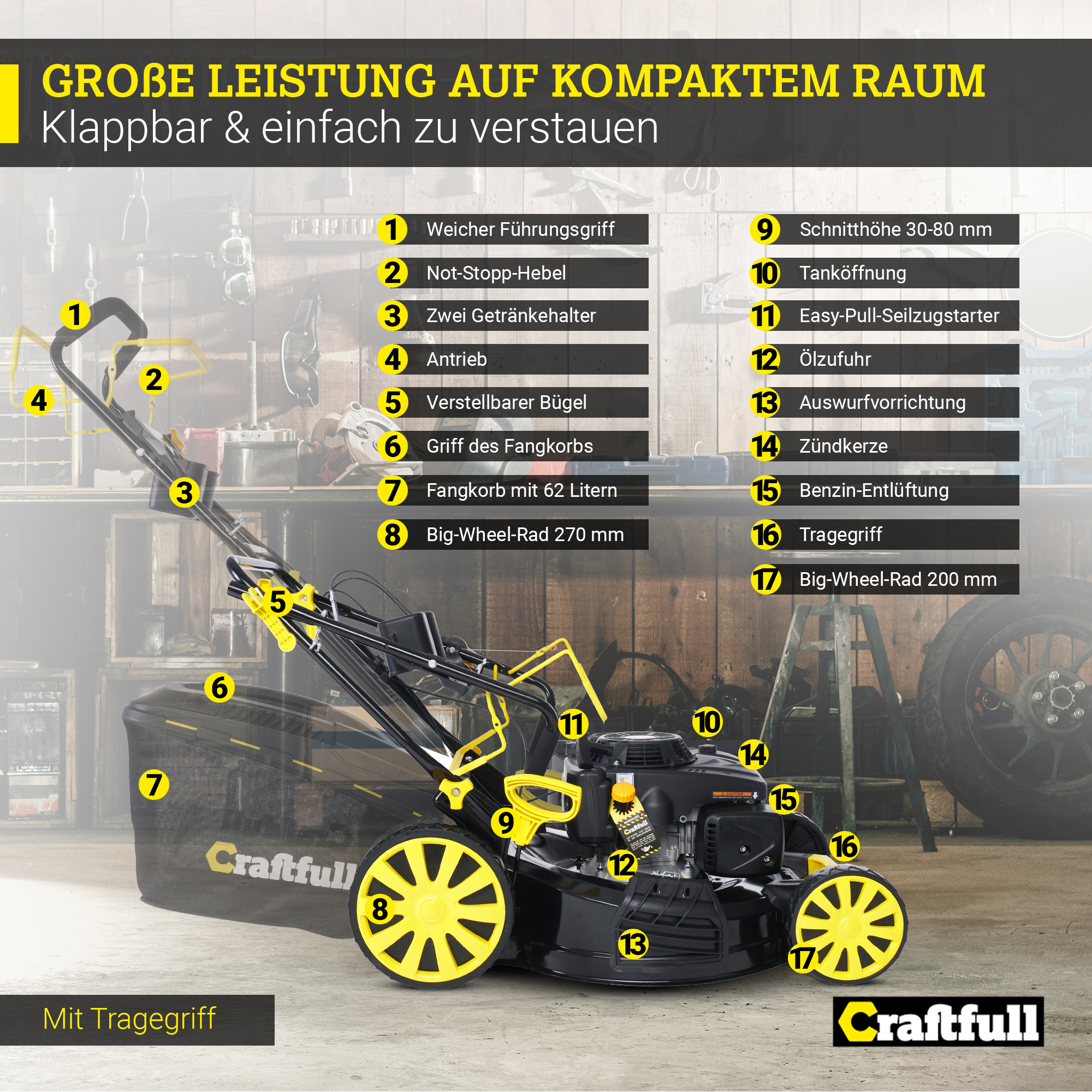CRAFTFULL Premium 5in1 CR-224-20, Rasenmäher mit 62 Fangkorb-Volumen) l Verstellbare 560 mm, (Schnittbreite: mm, Schnitthöhe 30-80