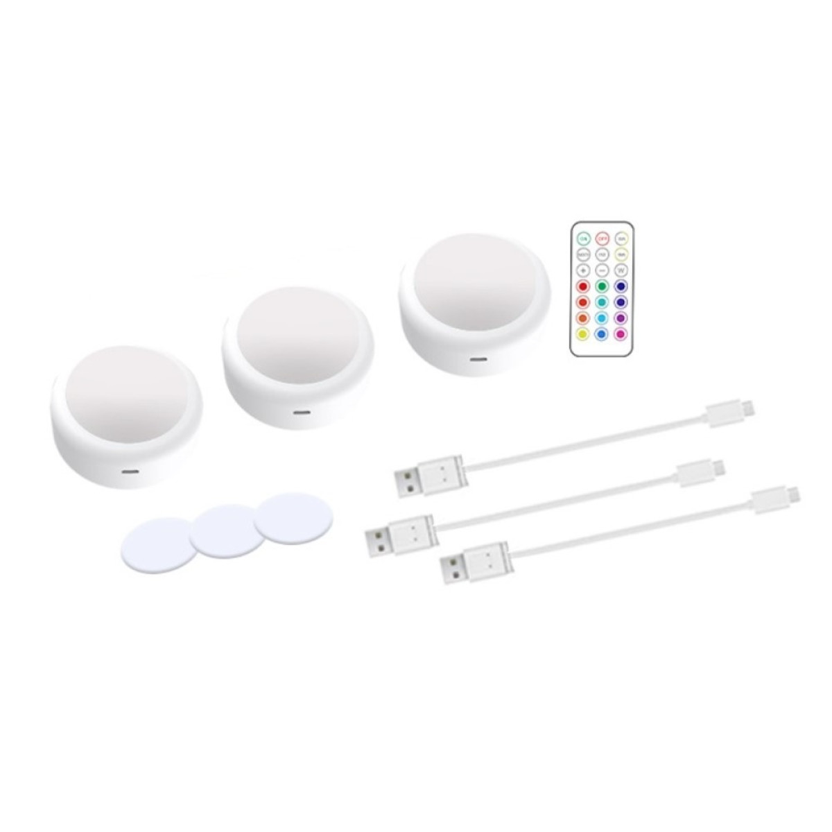 Een set van drie witte LED-lampen, afstandsbediening en kabels, op een witte achtergrond.