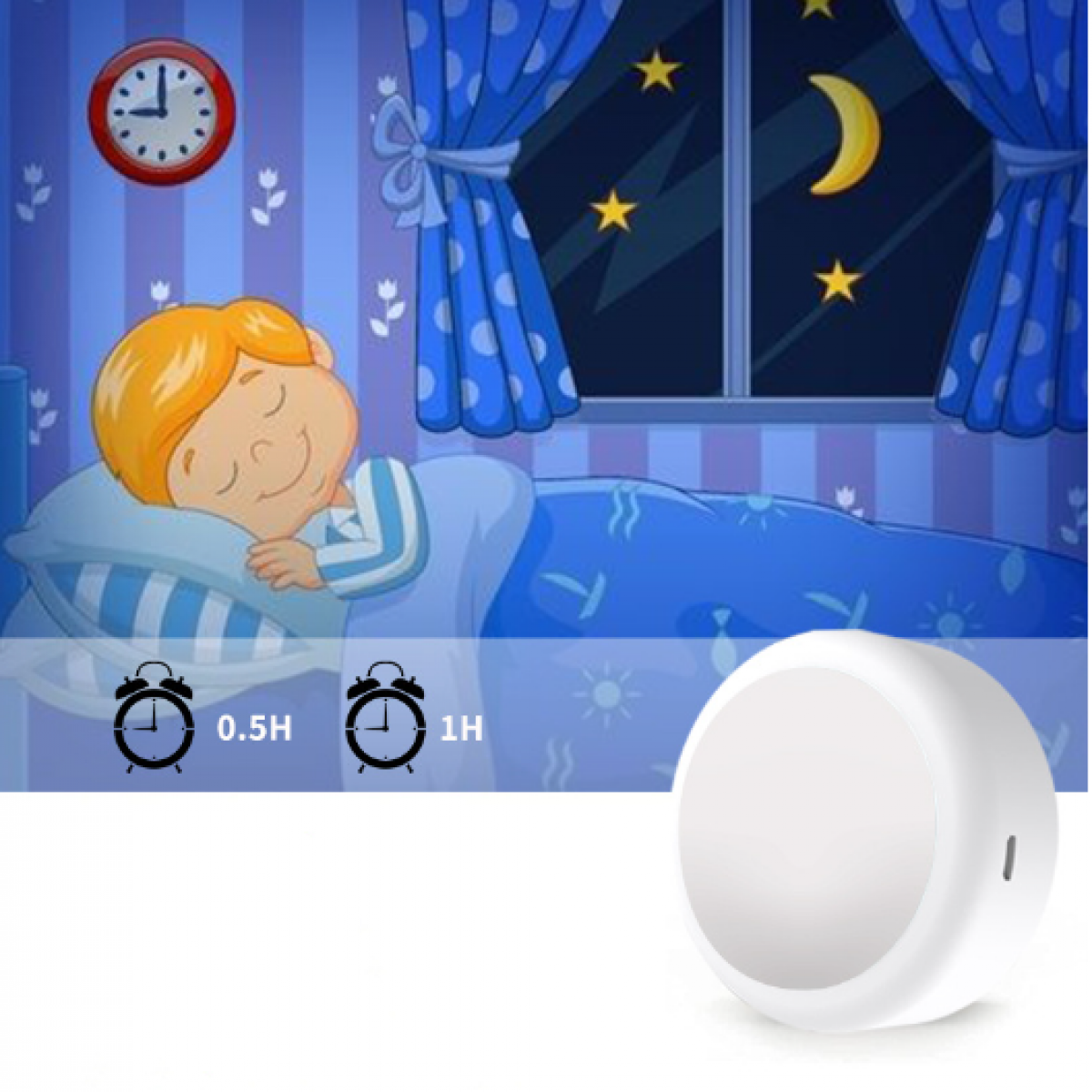 Een cartoonillustratie toont een slapend kind in een blauwe kamer, met een klok en een nachtlampje.