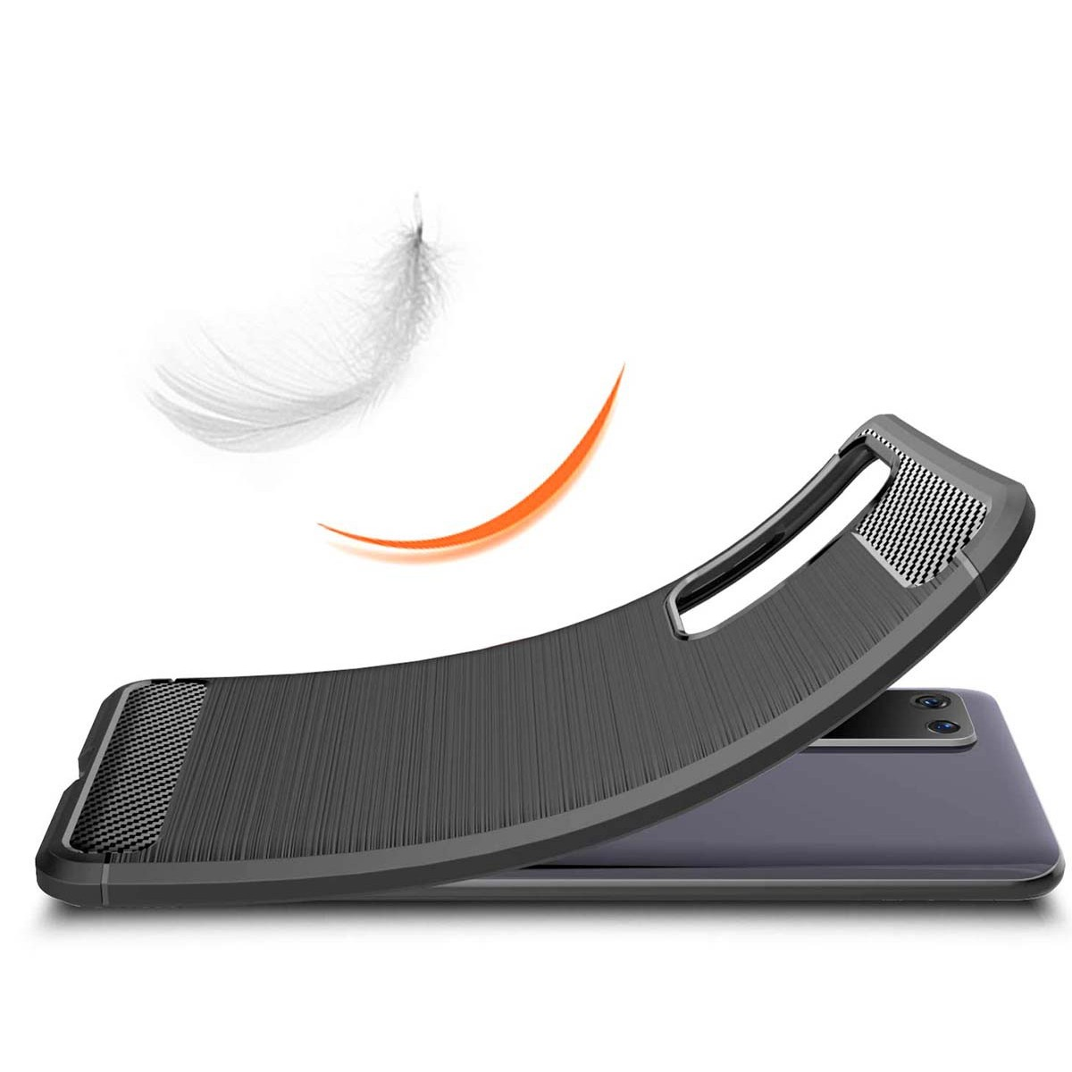 Teléfono con funda gris oscuro, una pluma flotando y una línea curva naranja encima.