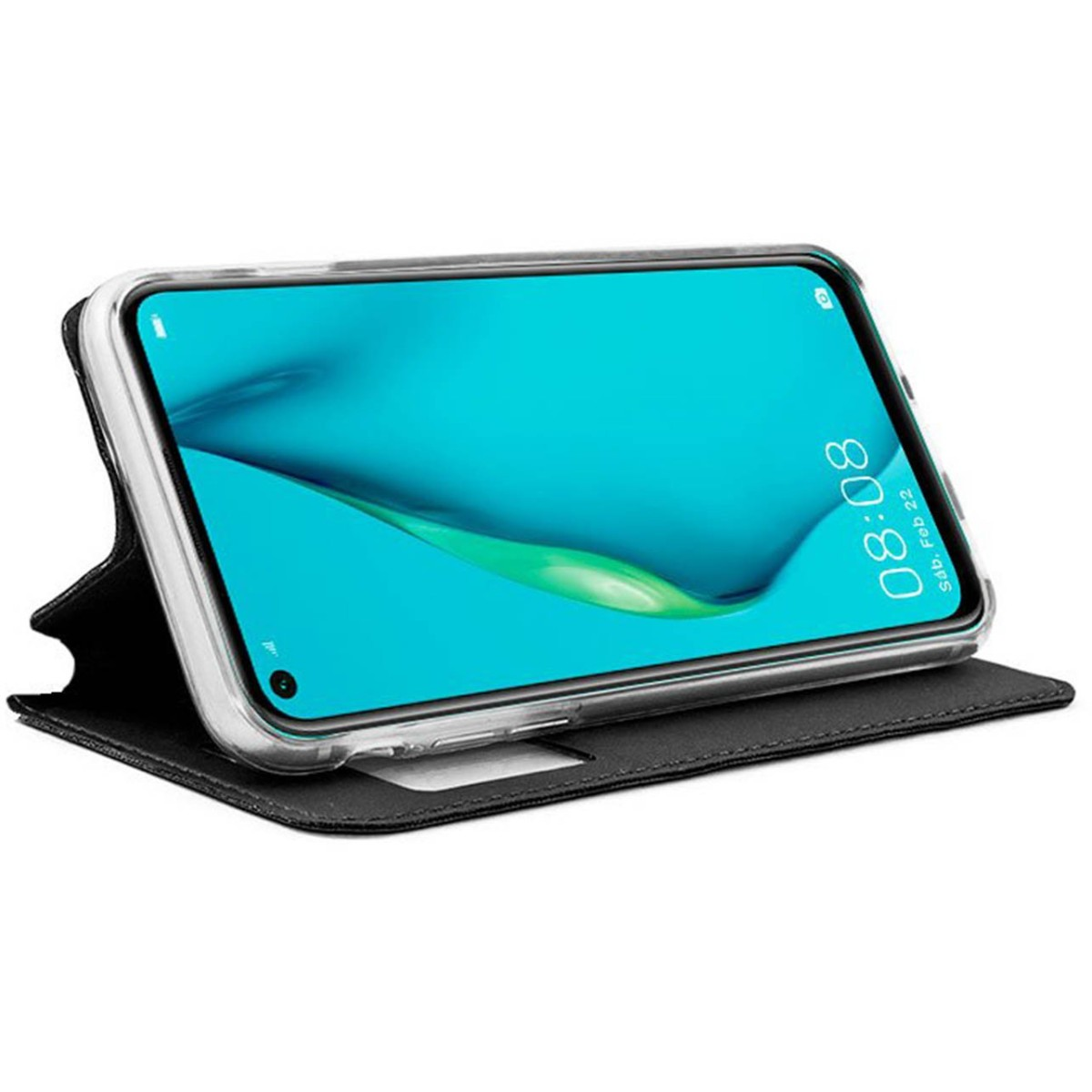 Teléfono en una funda negra, mostrando una pantalla turquesa con la hora: 08:08.