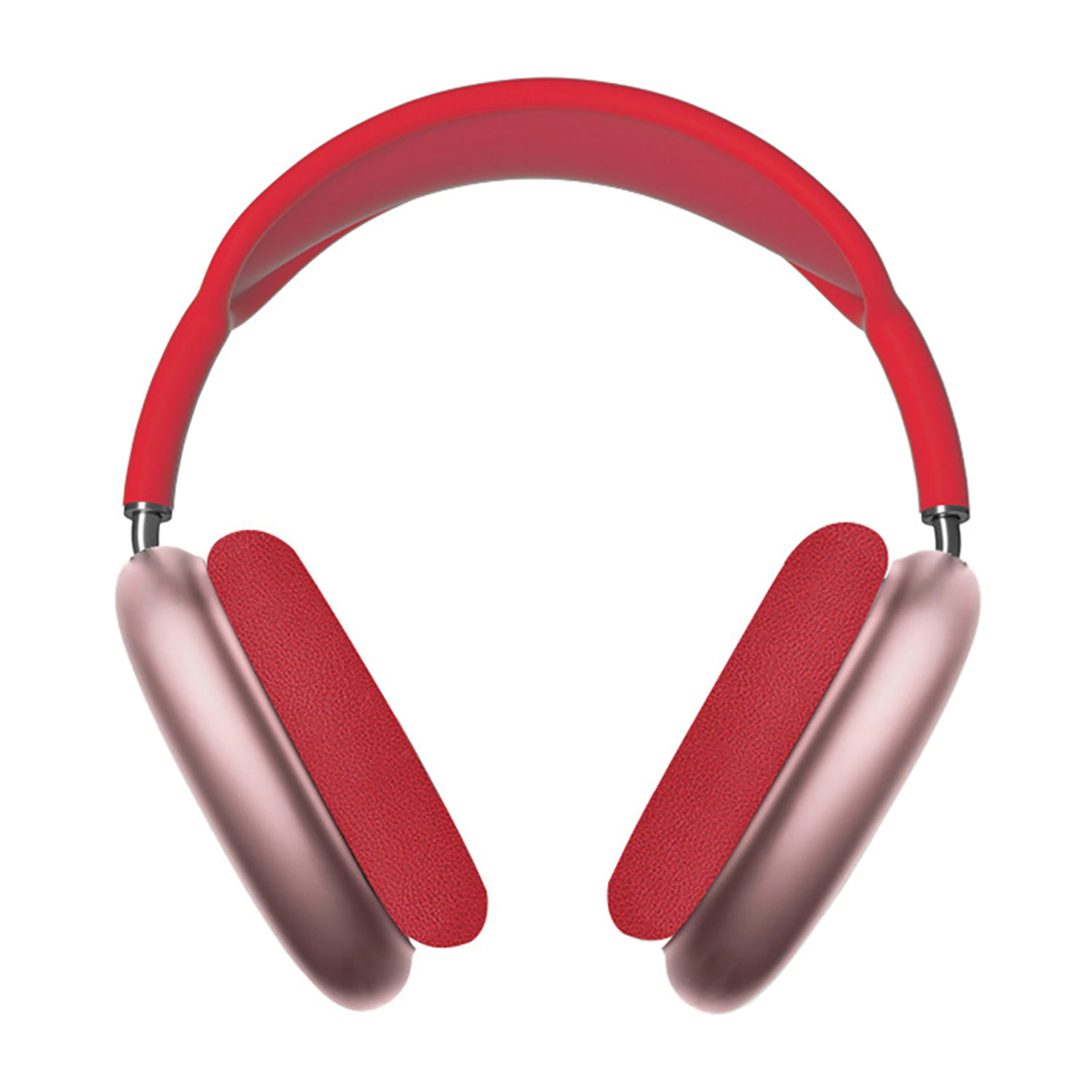Auriculares con diadema roja y auriculares rosas. Fondo blanco.