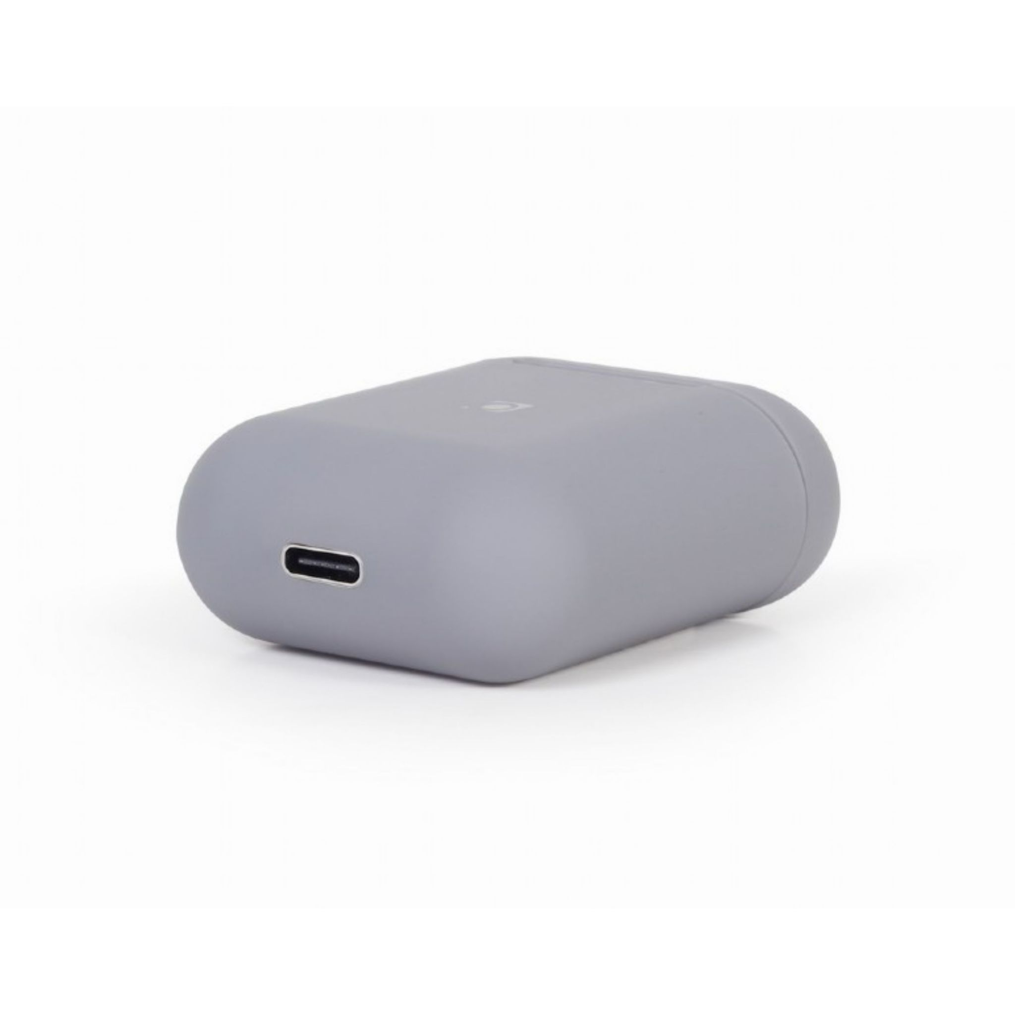 Ein graues, oval geformtes Gehäuse mit einem USB-C-Anschluss an einem Ende. Es scheint ein Ladecase zu sein.