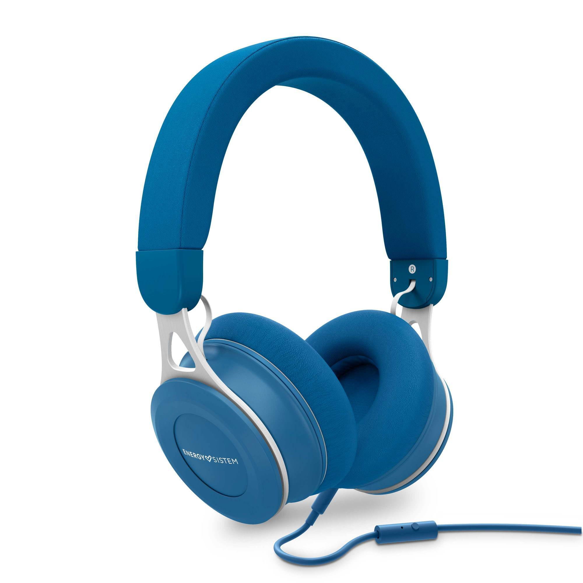 Blaue Kopfhörer mit einem Bügel und Ohrmuscheln, die mit einem Kabel verbunden sind.