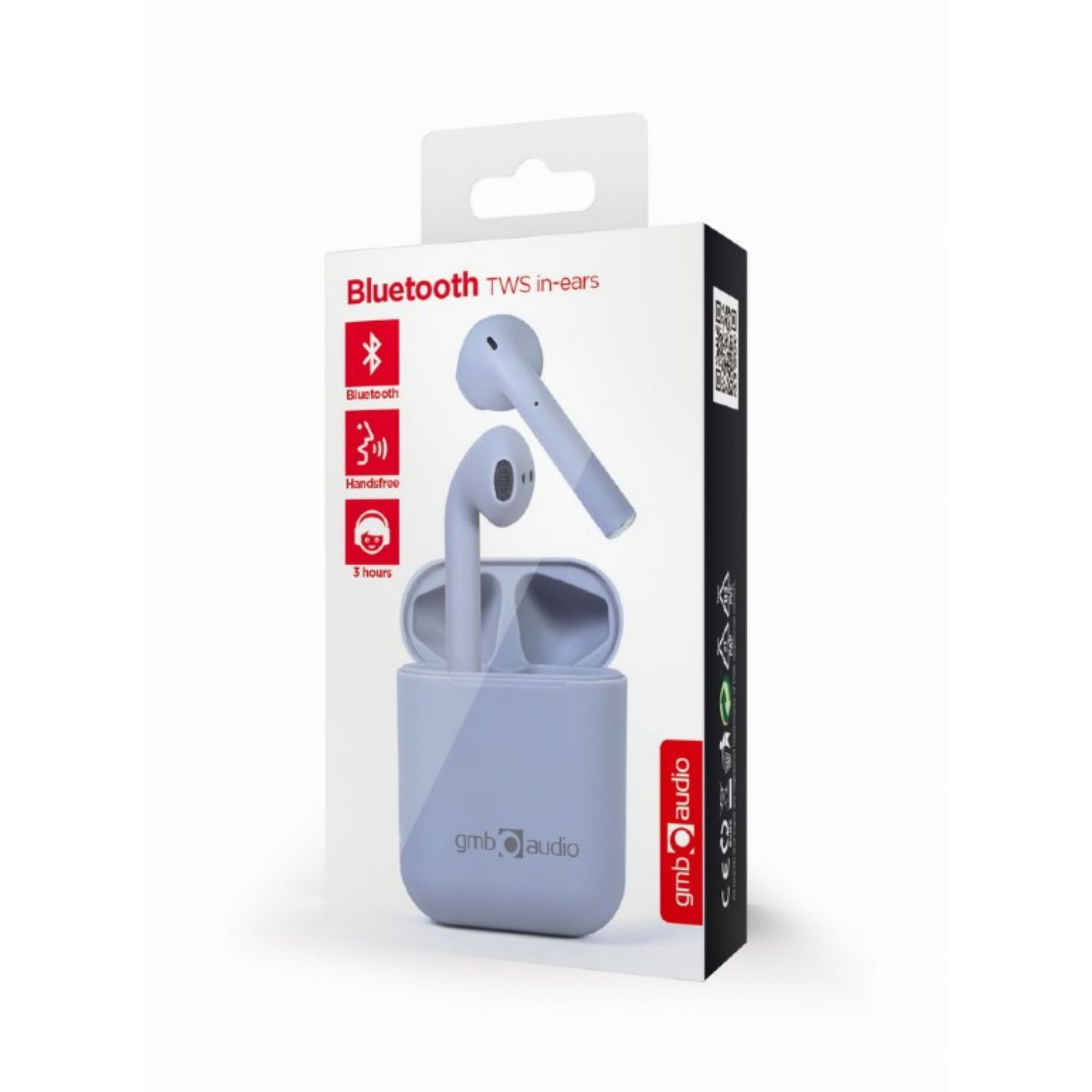 Ohrhörer in einem Ladecase, weiße Box mit Text "Bluetooth TWS in-ears".