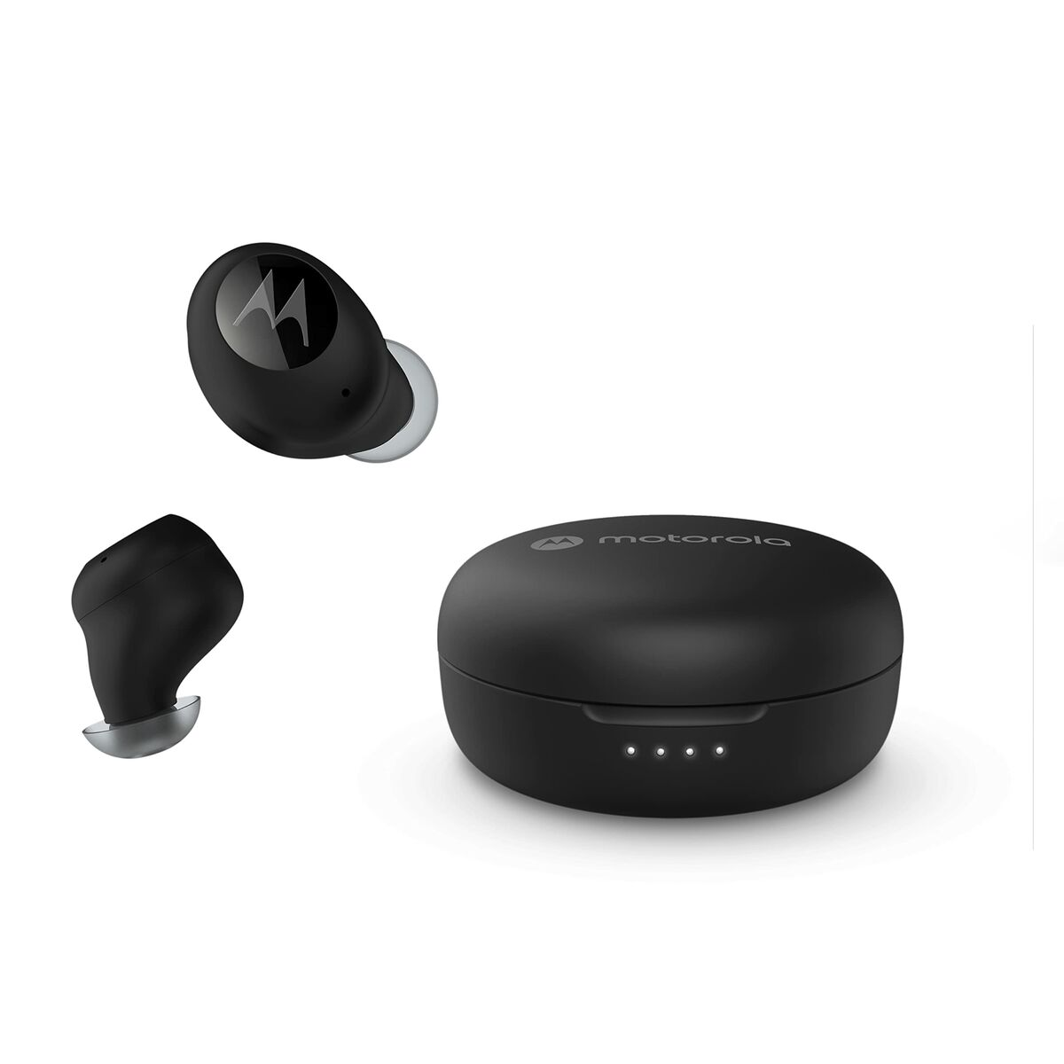 Auricolari wireless neri con custodia di ricarica.