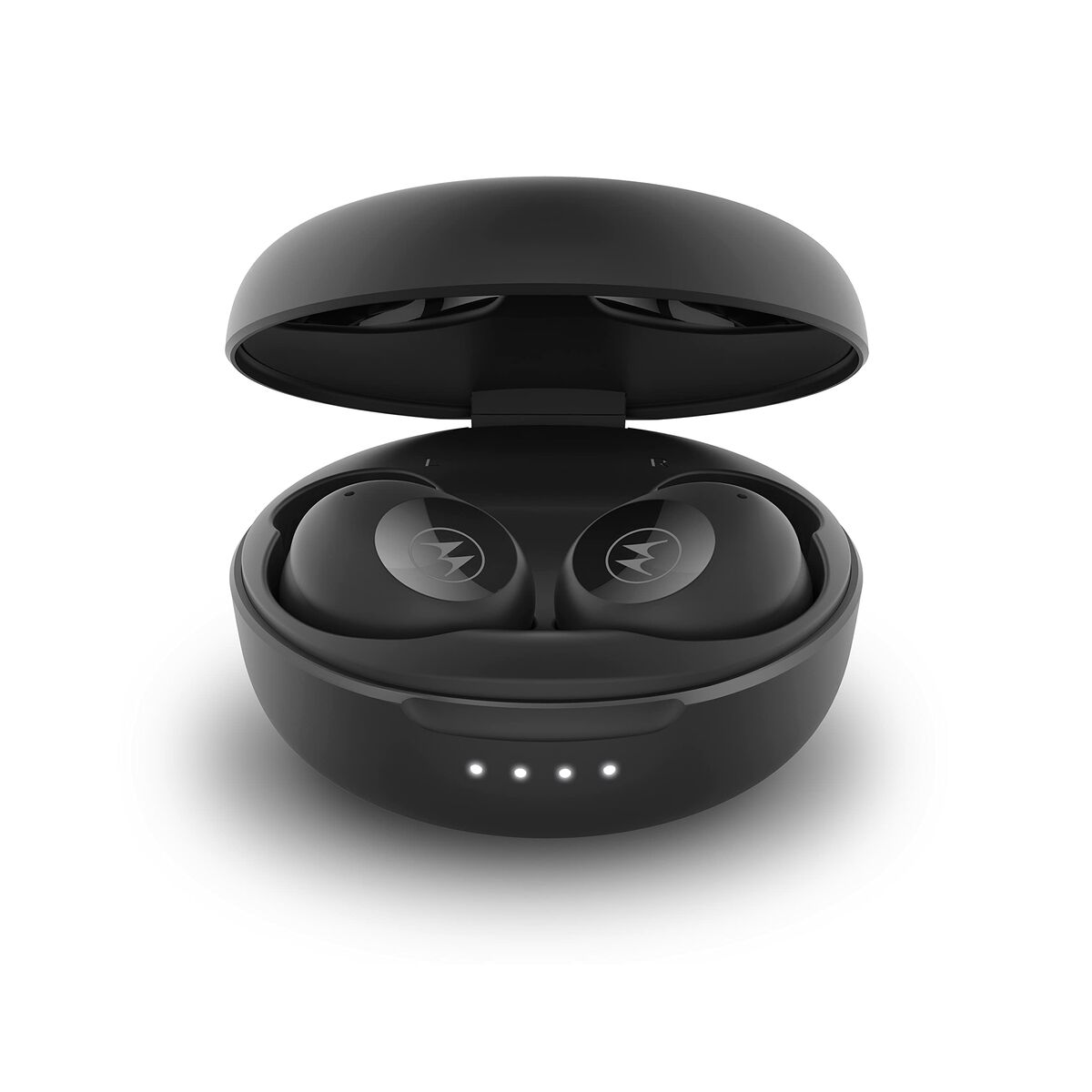 Auricolari neri in un astuccio di ricarica nero. L'astuccio è aperto.