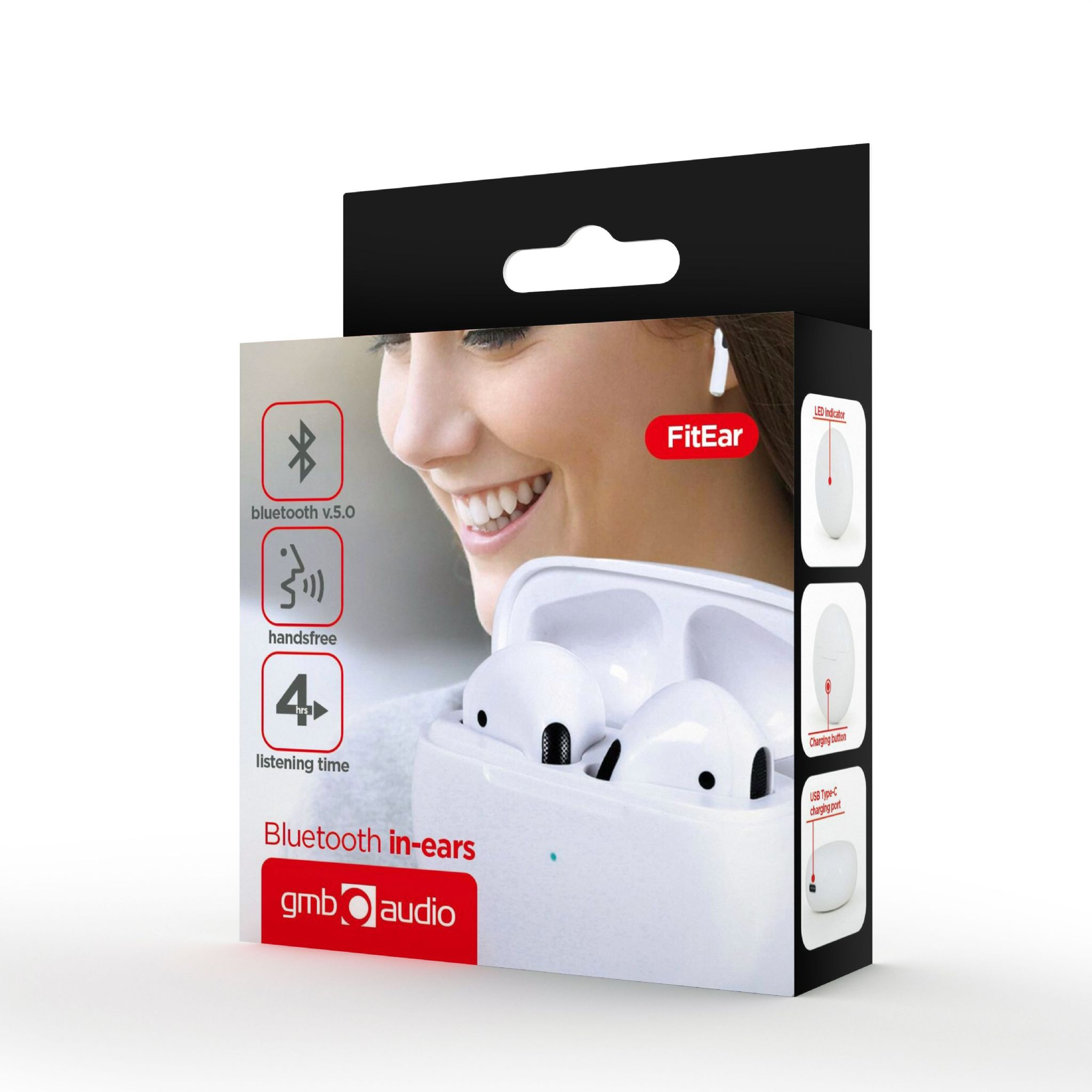 Doos met witte oordopjes, met Bluetooth, handsfree en 4 uur luistertijd.