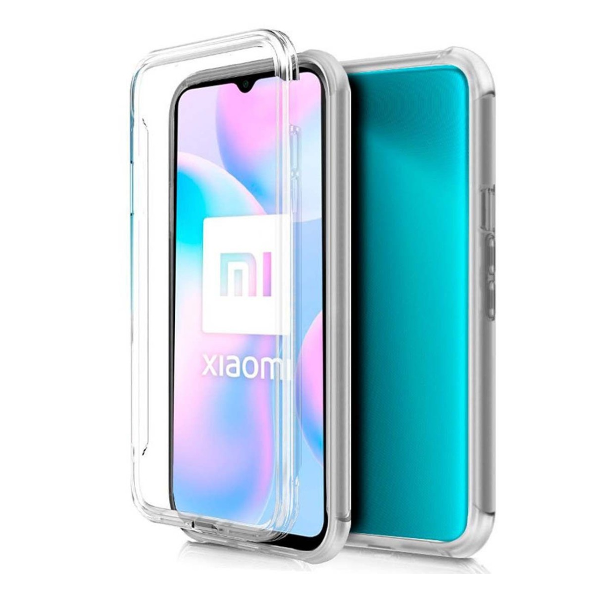 Custodia trasparente per telefono con logo Xiaomi, che rivela un telefono verde acqua. La custodia è aperta.